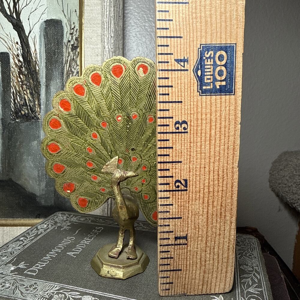 VTG Brass Peacock Figurine Enamel Tail India 4.5” MCM Hollywood Regency Decor - Picture 6 of 8